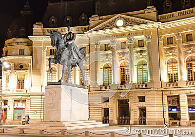 Carol I statue and Central Library, Bucharest Editorial Stock Photo